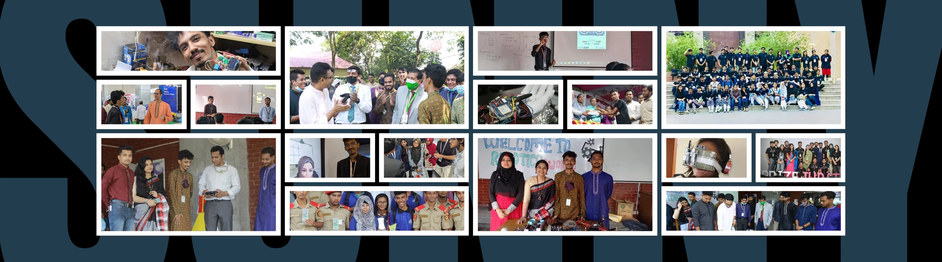 A collage of robotics exhibitions, teamwork and competition moments