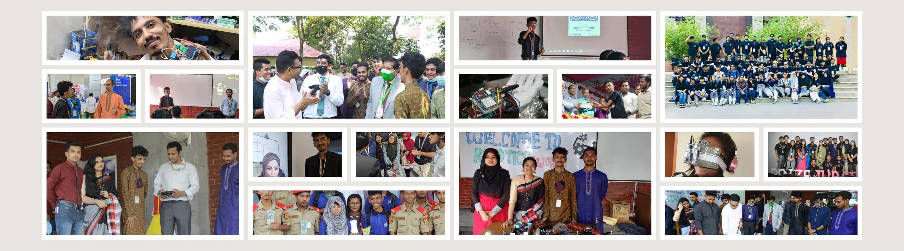 A collage of robotics exhibitions, teamwork and competition moments